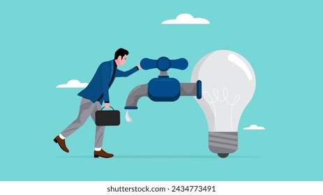 Aus Ideen Illustration, erhalten Sie keine Ideen oder Lösungen, um Geschäftsprobleme zu lösen, trauriger Geschäftsmann, der einen toten Wasserhahn mit toter Glühbirne hält Ideenvektor-Illustration