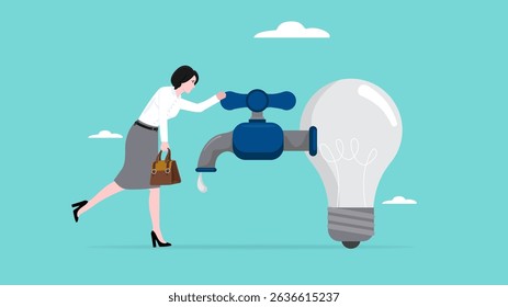 out of ideas illustration, don't get ideas or solutions to solve business problems, sad businesswoman holding a dead water tap with dead light bulb idea concept vector illustration