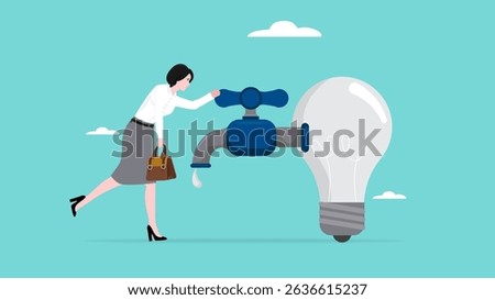 out of ideas illustration, don't get ideas or solutions to solve business problems, sad businesswoman holding a dead water tap with dead light bulb idea concept vector illustration