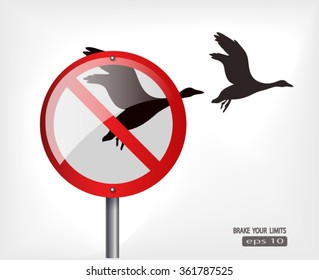 out of limits freedom and power concept with red roadsign and birds fly free 