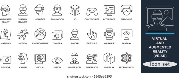 Out line icon set of virtual and augmented reality concepts including VR, AR, headset, simulation, tracking, avatar, and interface. Ideal for UI, tech, and metaverse design.