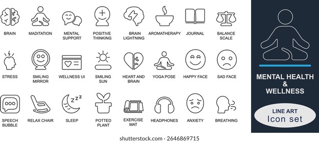A out line mental health and wellness icons representing mindfulness, self-love, stress relief, therapy, breathing, meditation, balance and focus. Ideal for wellness apps, UI, and infographics.