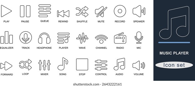 A out line music player icon set featuring play, pause, volume, playlist, equalizer, mic, shuffle, and more. Ideal for app, UI, audio, and media design.
