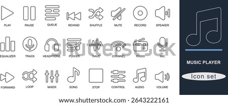 A out line music player icon set featuring play, pause, volume, playlist, equalizer, mic, shuffle, and more. Ideal for app, UI, audio, and media design.