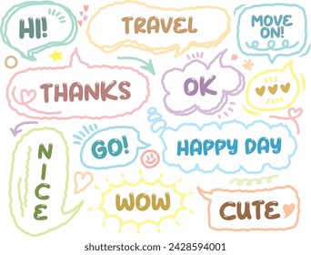 Out line Speech bubble set. Various talk balloon shapes in vintage style with grunge texture. Hand-drawn infographic Vector collection.Set of hand drawn think and talk speech cloud with message. Memo