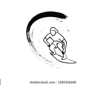 out line surfing man - vector icon. An isolated silhouette of a surfing man. Vector icon