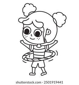 out line vector illustration girl playing hula hoop
