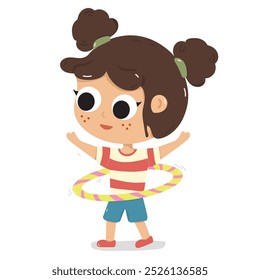 out line vector illustration girl playing hula hoop
