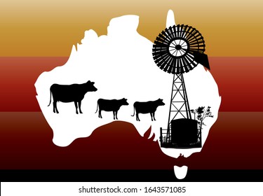 Out line of a white map of Australia with cows and windmill silhouette with orange and yellow background