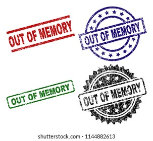 OUT OF MEMORY seal prints with distress surface. Black, green,red,blue vector rubber prints of OUT OF MEMORY label with scratched surface. Rubber seals with circle, rectangle, medal shapes.