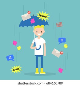 Out of office. Conceptual illustration. Young character protects himself from the information flow with an umbrella. Filtering the incoming information