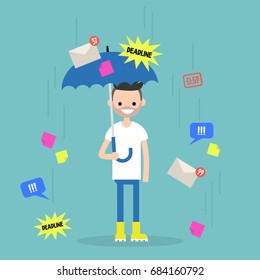 Out of office. Conceptual illustration. Young character protects himself from the information flow with an umbrella. Filtering the incoming information