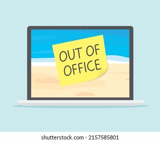 out of office written on sticky note on laptop screen with sandy beach landscape as a screen saver, Paid Time Off concept- vector illustration