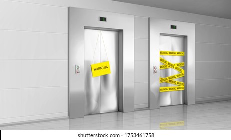 Out of order elevator with closed broken door, yellow warning stripes and banner in office or house hallway. Vector realistic illustration of modern lobby with not working lift