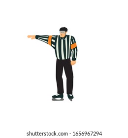 Out of play. Ice Hockey referee signal. Cartoon character. Winter game sport vector flat isolated illustration.