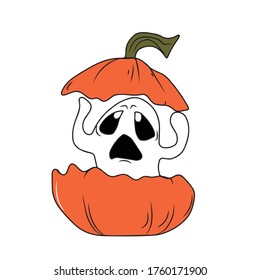 Out of the pumpkin climbs a Ghost, vector design for a banner, poster, greeting card, invitation to a party.