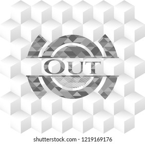 Out retro style grey emblem with geometric cube white background