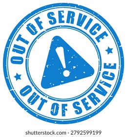 Out of service ink rubber stamp isolated on white background. Forewarn grunge symbol about broken interrupted service. Security notice about physical damage, network outages or scheduled maintenance. Sorry not currently available now, temporary suspended or complete halt, does not work. Emblem suitable for broken utility, webpage, digital platform failure, faulty technical equipment, machine, system, facility etc. Caution text that item doesn't work, error, mistake, malfunction, fault.