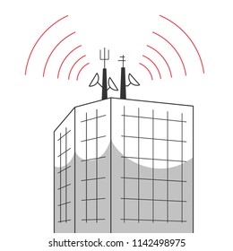 Out side of a building towards the top where there are antennas sending signals. 