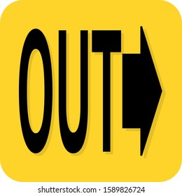 Out sign. Output. Exit. Directions road arrow. Flat 3D shadow design. yellow background black vector. product brand service label banner board display. App icon.