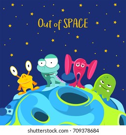 Out of space. Spaceship background with monsters in cartoon style