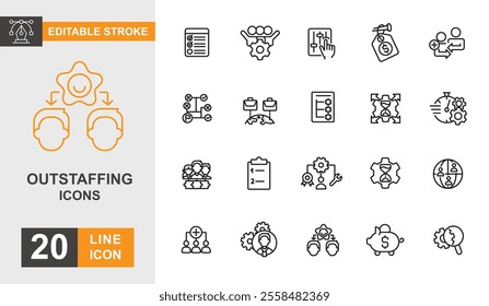 Out staffing line editable icon set. Outsourcing, remote work, financial, team management, human resources and more line icons.