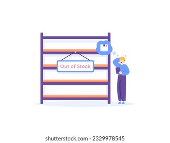 Out of stock. inventory stock has run out. a warehouse worker is confused because the stock of raw material inventory has run out. Product inventory management or Inventory control. business issues