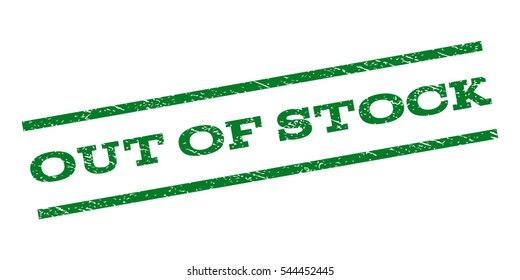 Out Of Stock watermark stamp. Text tag between parallel lines with grunge design style. Rubber seal stamp with scratched texture. Vector green color ink imprint on a white background.