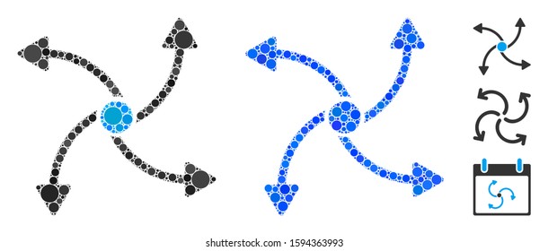 Out swirl direction composition of circle elements in various sizes and color tinges, based on out swirl direction icon. Vector circle elements are grouped into blue mosaic.