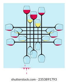 Out of wine and glass is empty. This is an illustration showing stemware, very tall wine glasses. This is a 3-D  illustration.