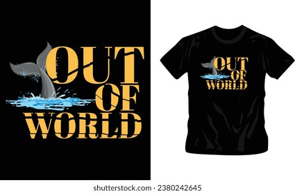 out of world broken text with whale jumping into water graphic t-shirt design