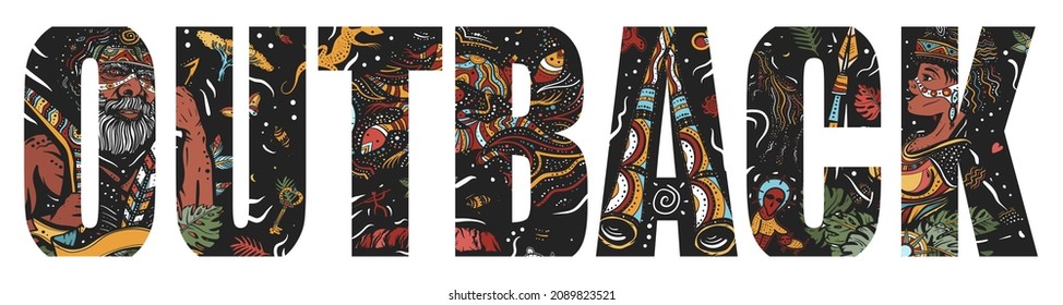 Outback slogan. Australia art. Double exposure lettering. Typography art. Tattoo style. Ethnic Australian woman in traditional costume. Aboriginal tribes bushmen. Boomerang, kangaroo, didgeridoo, map 
