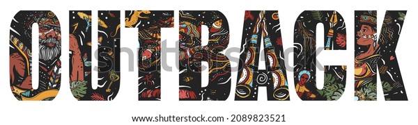 Outback slogan. Australia art. Double exposure\
lettering. Typography art. Tattoo style. Ethnic Australian woman in\
traditional costume. Aboriginal tribes bushmen. Boomerang,\
kangaroo, didgeridoo, map\
