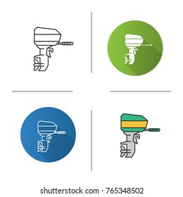 Outboard boat motor icon. Flat design, linear and color styles. Boat engine. Isolated vector illustrations