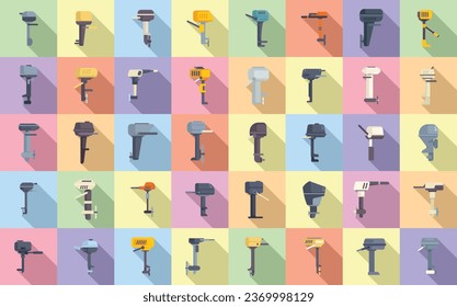 Outboard motor icons set flat vector. Engine boat. Cruise marine