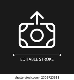 Outbound cash pixel perfect white linear ui icon for dark theme. Currency transaction. Vector line pictogram. Isolated user interface symbol for night mode. Editable stroke. Arial font used
