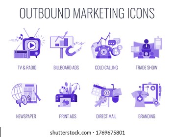 Outbound Infographics Marketing Icons. Traditional offline marketing. Monochrome lilac color. TV, radio and print ads. Telemarketing and direct mail. Outdoor advertising, signboards.