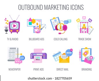 Outbound Infographics Marketing Icons. Traditional offline marketing. Duoton Lilac and blue color. TV, radio and print ads. Outdoor advertising, billboards, signboards. Flat vector illustration.