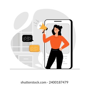 Outbound marketing concept. Business product promotion. Woman making advertising campaign and sending promo letters for attract client. Illustration with people scene in flat design for website