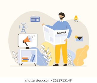 Outbound marketing concept. Business product promotion. Promote goods and services through TV, phone calls, newspapers, flyers, mail. Flat vector illustration.	
