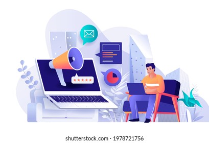 Outbound marketing concept in flat design. Business product promotion scene template. Man works on laptop, attracts new customers, makes ad mailing. Vector illustration of people characters activities