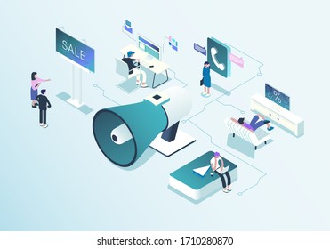 Outbound marketing concept illustration in isometric design.  Online and offline business promotion and interruption to interact with people for future bargains. Vector illustration