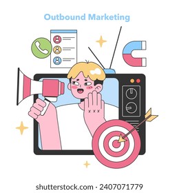 Concepto de marketing saliente. Marketer atrae a los clientes con megáfonos, destinos y listas de llamadas. Llegar a clientes potenciales de manera efectiva. Ilustración vectorial plana.