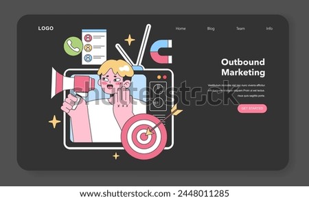 Outbound Marketing concept. Marketer attracts customers with megaphone, targets, and call lists. Reaching potential clients effectively. Flat vector illustration.