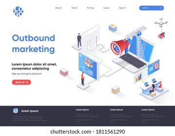 Outbound marketing isometric landing page. Online advertising and promotion in social media isometry concept. Outbound marketing activities flat web page. Vector illustration with people characters.