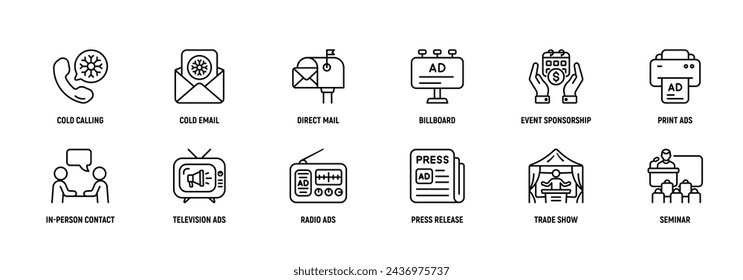 Outbound Marketing Line Icon Set: Unique Style Pixel Perfect Icons se puede utilizar para infografías, móviles, sitios web, etc. Estrategia, Trazo editable.