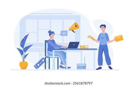 Outbound Marketing. Marketers promote goods and services through TV, phone calls, newspapers, flyers, mail. Vector illustration with characters in flat design for web banner.	
