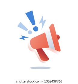 Outbound marketing, smm strategy, promotion campaign, advertising concept, public relations, red megaphone, advance information, organize event, fake news, announcement message, voice amplifier icon