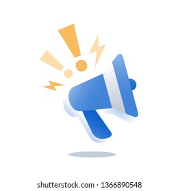 Outbound marketing, smm strategy, promotion campaign, advertising concept, public relations, red megaphone, advance information, organize event, fake news, announcement message, voice amplifier icon