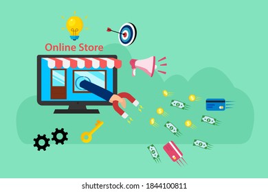 Outbound marketing vector concept: Hand from online store attract money